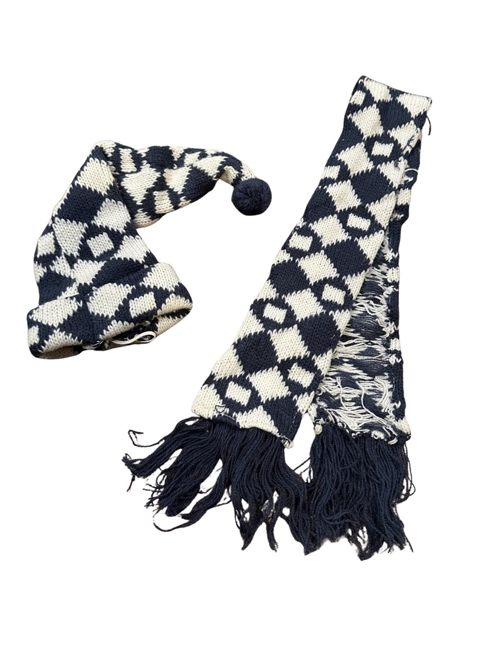 Vintage Terrys Village Porch Goose Winter Sweater Scarf & Hat Navy Blue & White